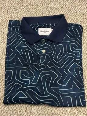 Goodfellow & Co Navy Polo with Light Blue Abstract Line Print. Size L